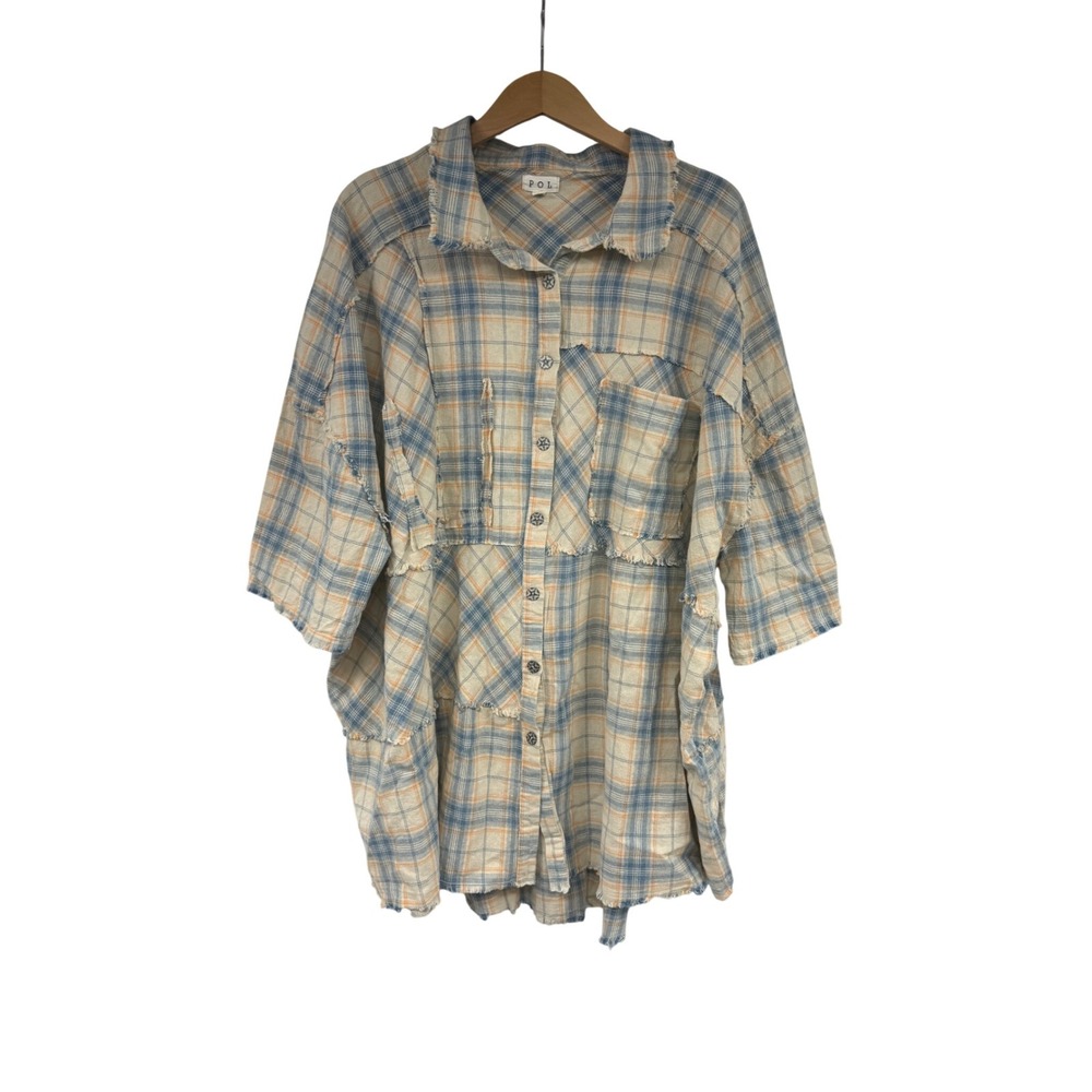 POL Womens 3XL Blue Orange Plaid Patchwork Frayed Oversized Button Shirt Boho